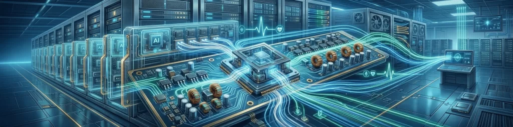 Panoramic view of an AI server room showcasing a multiphase PMIC power board with glowing telemetry streams, health monitoring interfaces, and rack-mounted AI compute nodes, representing reliable data center power management.