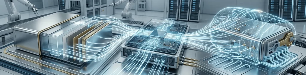 Panoramic view of industrial automation devices with glowing data streams and a holographic brain interface, representing smart manufacturing, IoT connectivity, and AI-driven industrial computing.