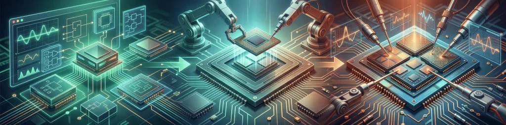 Futuristic illustration of an automated semiconductor chip assembly line with robotic arms, precision soldering, holographic data interfaces, and advanced PCB manufacturing for AI hardware automation.