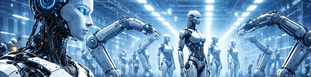 Panoramic view of a futuristic factory with humanoid AI robots and robotic arms assembling androids, representing advanced automation and artificial intelligence manufacturing technology.