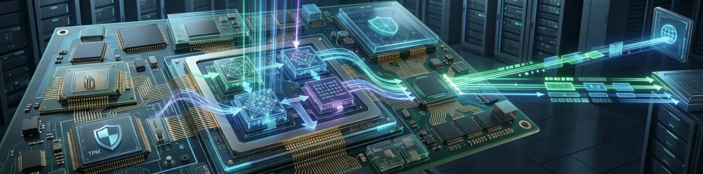 Futuristic server motherboard with TPM security chip, quantum encryption modules, and neon data streams, representing secure AI computing and enterprise data protection infrastructure.