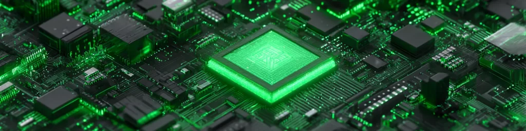 Panoramic close-up of a high-performance CPU with neon green illumination on a complex circuit board, representing advanced semiconductor and high-speed computing technology.