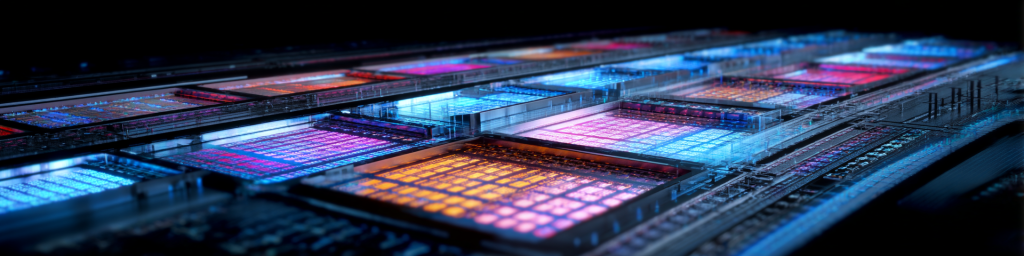 Stunning macro view of semiconductor wafers with vibrant blue, purple and orange glowing circuitry, representing advanced microchip manufacturing and high-tech innovation