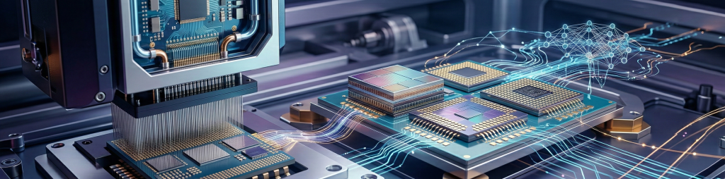 Ultra-wide view of 3D stacked semiconductor chips on a test rig, with glowing blue AI neural network data streams, representing advanced chip testing, 3D packaging, and high-performance computing validation