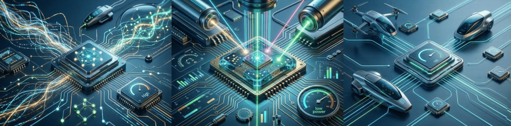 Ultra-wide triptych view of a futuristic tech ecosystem, featuring AI neural network chips, photonic computing with multi-color laser beams, and autonomous vehicles/drones, representing next-gen semiconductor technology, photonic integration, and smart mobility solutions