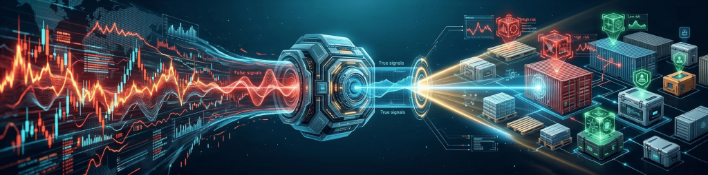 Ultra-wide futuristic view of an AI-powered signal filtering system separating false signals from true signals, with global supply chain risk visualizations, financial charts, and holographic cargo containers, representing predictive analytics and supply chain intelligence
