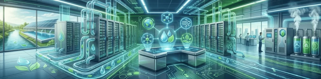 Ultra-wide futuristic green data center with holographic water and energy dashboards, solar panels, and eco-friendly cooling, representing renewable-powered IT infrastructure.