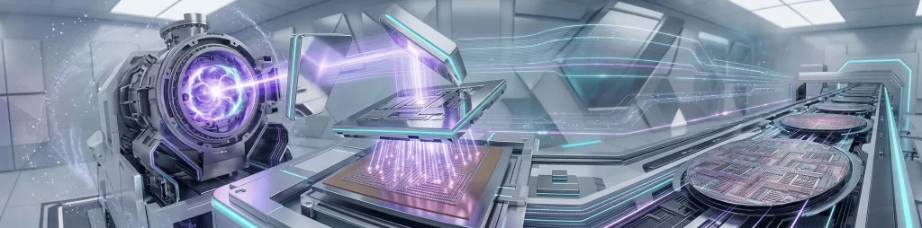 Ultra-wide isometric view of a next-generation semiconductor fab line with holographic lithography, advanced wafer handling, and precision cleanroom robotics, showcasing smart IC manufacturing