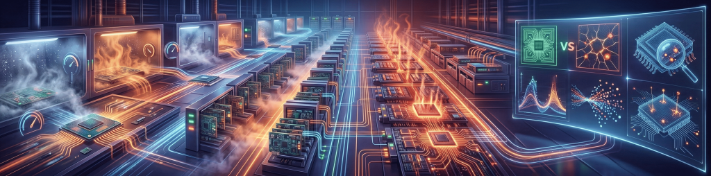 Ultra-wide futuristic view of semiconductor thermal stress testing with glowing heat effects, paired with a holographic AI vs chip analysis dashboard, illustrating chip reliability testing and artificial intelligence-driven failure analysis