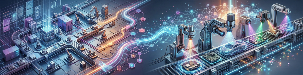 Ultra-wide isometric view of a futuristic smart factory, featuring robotic arms, glowing data streams, AI neural networks, and automotive chip assembly, representing Industry 4.0, intelligent manufacturing, and digital twin integration