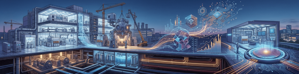 Ultra-wide isometric view of a futuristic smart factory, featuring a digital twin hologram, AI data streams, multi-level production lines, and underground infrastructure, representing Industry 4.0, digital manufacturing, and intelligent production systems