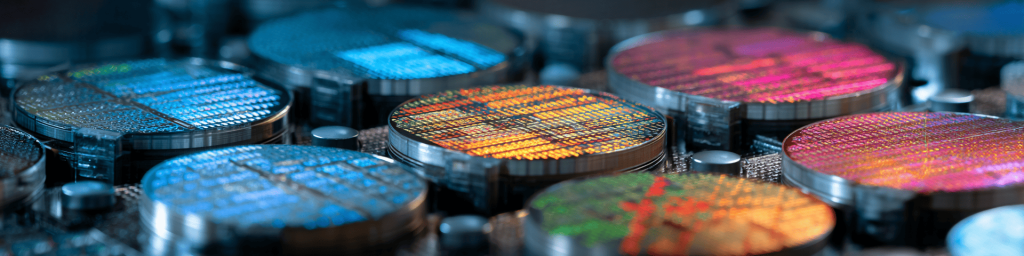 Panoramic close-up of iridescent colorful silicon wafers in semiconductor fabrication, representing advanced microchip production and wafer processing technology.
