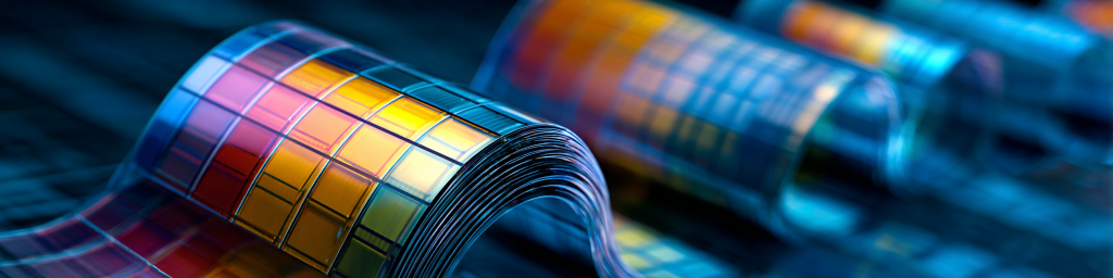 Panoramic close-up of a flexible rollable semiconductor wafer with vibrant multicolored microchip grids, representing next-gen flexible electronics and advanced semiconductor manufacturing.
