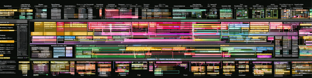 Panoramic view of a high-tech data analytics dashboard with layered, multicolored process blocks and code, representing big data processing and AI-driven system monitoring.