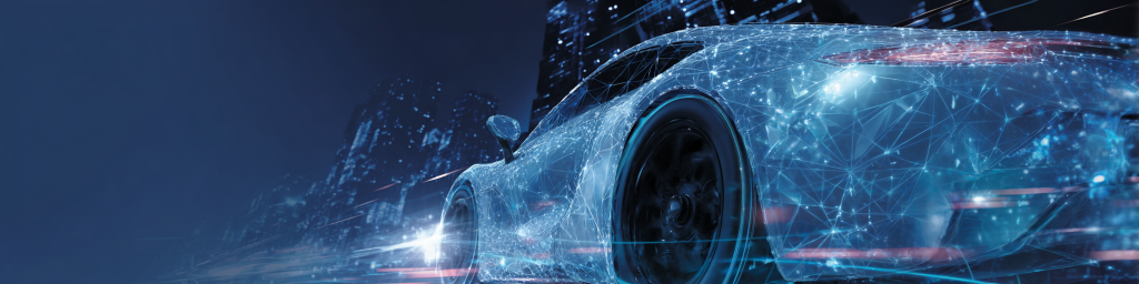Panoramic view of a glowing wireframe holographic sports car speeding through a neon-lit night city, representing autonomous driving and smart automotive technology.
