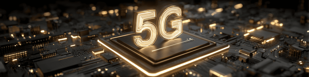 Panoramic close-up of a glowing golden 5G logo on a circuit board CPU, representing next-gen 5G wireless communication and advanced telecom technology.