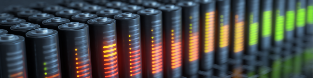 Panoramic close-up of a high-density electric vehicle cylindrical battery pack with gradient charge level indicators, representing next-gen energy storage and automotive battery technology.