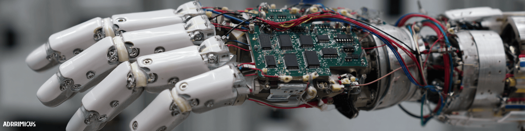 Panoramic close-up of a humanoid robotic hand with exposed circuit board, wiring, and articulated fingers, representing advanced robotics and AI-driven automation technology.