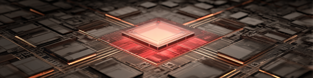 Panoramic close-up of a glowing red high-performance AI computing processor on dark motherboard circuitry, representing advanced semiconductor chip and next-gen computing technology.