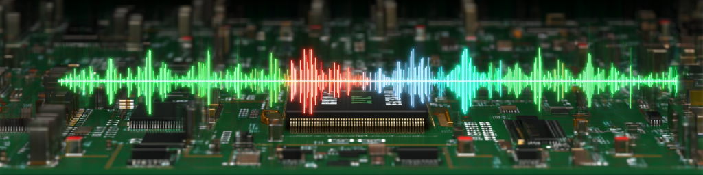 Panoramic close-up of colorful glowing audio frequency waveform above DSP signal processing chip on circuit board, representing digital audio processing and wireless communication technology.