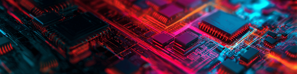 Panoramic close-up of futuristic neon red-cyan glowing motherboard circuitry with microchips, representing high-speed data transmission and advanced semiconductor hardware technology.