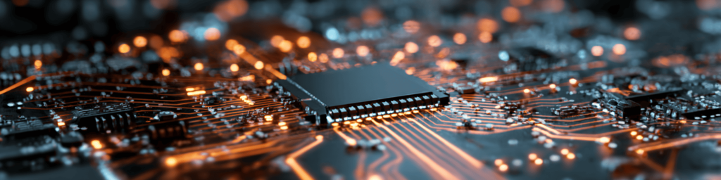 Panoramic close-up of a microprocessor on a circuit board with glowing orange data streams, representing high-speed computing, semiconductor hardware, and advanced electronic technology.