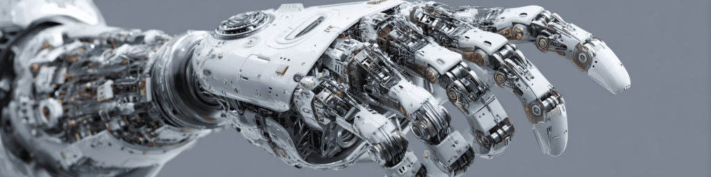 Panoramic close-up of a futuristic white robotic hand with intricate mechanical parts and wiring, representing advanced robotics, AI automation and precision engineering technology.