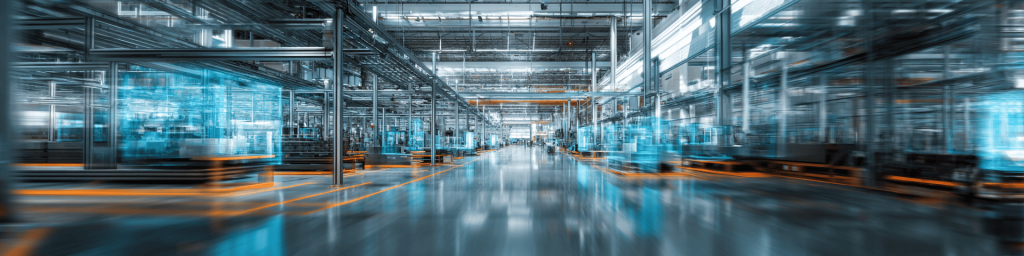 Panoramic view of a modern smart factory with motion blur and blue digital twin overlay, representing Industry 4.0 automation and intelligent manufacturing technology.