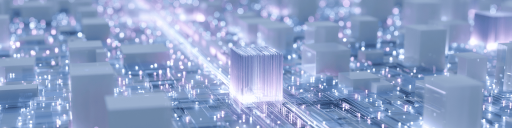 Panoramic shot of a glowing stacked memory chip at the center of a futuristic circuit board city with light trails, representing advanced 3D chip architecture and high-speed data processing.