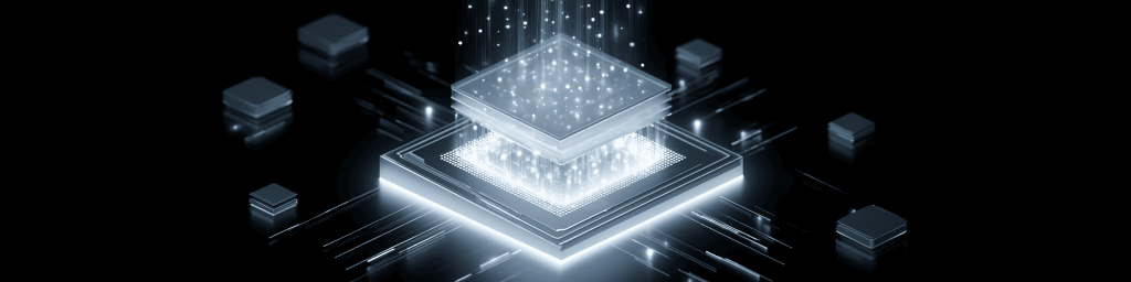 Panoramic view of a glowing stacked 3D integrated circuit chip with vertical data streams and light trails, representing advanced semiconductor packaging and high-performance computing.