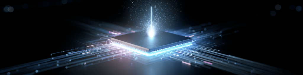Panoramic shot of a glowing CPU microprocessor with blue and pink data streams and a vertical light beam, representing high-speed computing and advanced semiconductor technology.