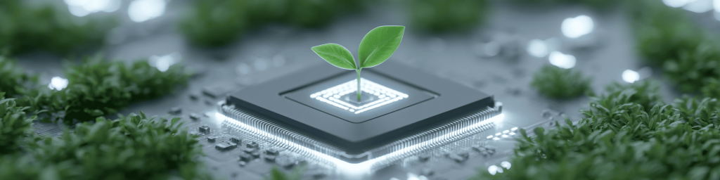 Panoramic macro shot of a small green plant sprouting from a glowing microchip on a circuit board, representing eco-friendly technology, sustainable computing and green IT.