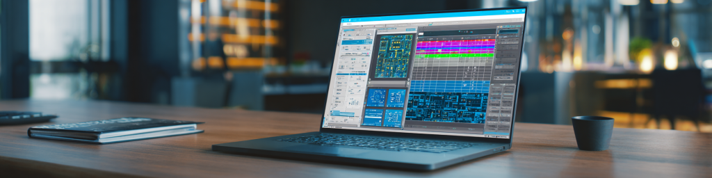 Panoramic shot of a laptop displaying chip design software on a modern desk, illustrating semiconductor engineering and circuit board design workflows.