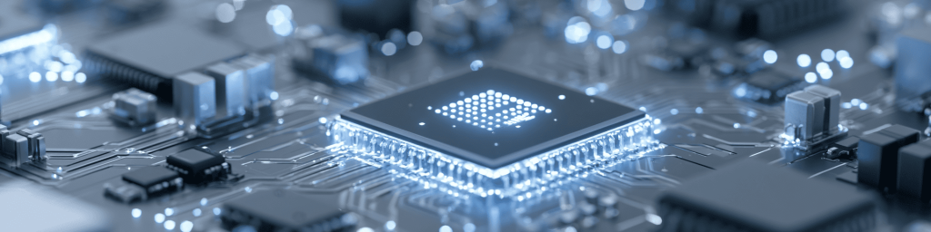 Panoramic close-up of a glowing BGA microprocessor with blue light trails on a motherboard, showcasing advanced semiconductor technology and high-speed data processing.