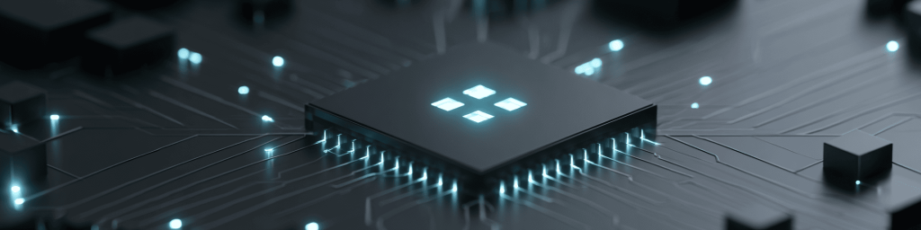 Panoramic close-up of a multi-core processor with glowing blue cores and light trails on a circuit board, representing advanced parallel computing and semiconductor innovation.