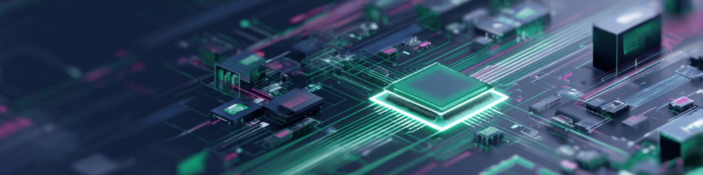 Panoramic close-up of a circuit board with a glowing green microchip and neon data trails, representing advanced computing, AI processing and futuristic digital technology.