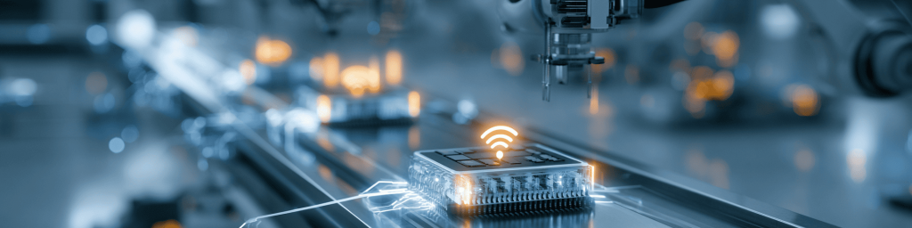 Panoramic shot of a wireless IoT microchip with a glowing Wi-Fi symbol moving along an automated assembly line, representing smart semiconductor manufacturing and 5G/6G connectivity technology.