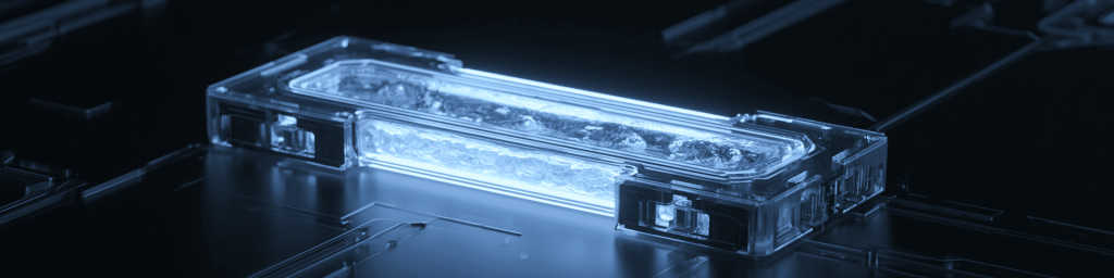 Panoramic close-up of a transparent glowing blue semiconductor memory module on a dark circuit board, representing advanced computer hardware and next-gen data storage technology.