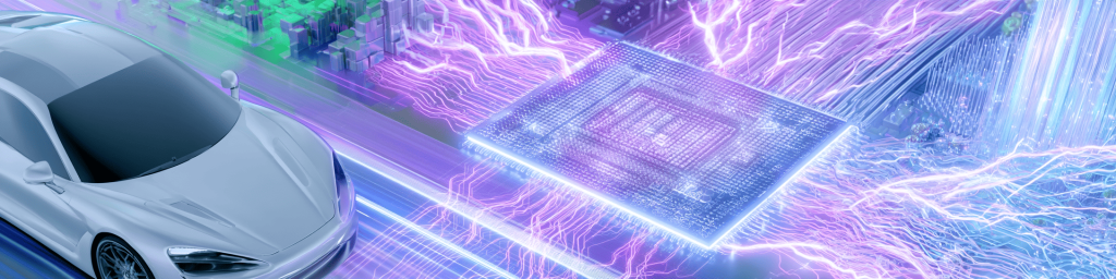 Wide tech banner featuring a white electric sports car paired with large automotive processor chip, surrounded by luminous purple electrical energy arcs and futuristic circuit board background for vehicle semiconductor tech.