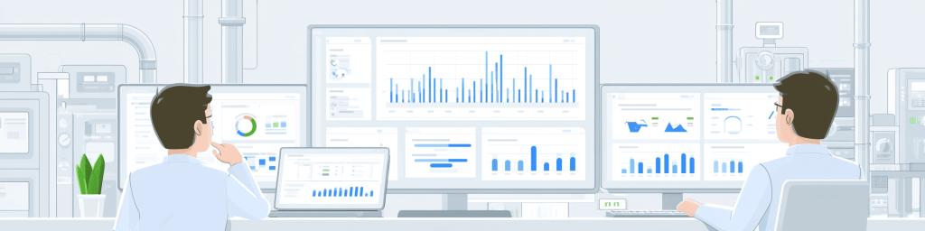Panoramic flat illustration showing two male analysts reviewing charts, graphs and KPIs across multiple monitors and a laptop inside a bright industrial data monitoring workspace.