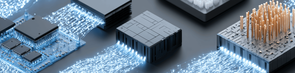 Wide tech banner of three chip modules connected by glowing blue optical data streams with copper vertical pins