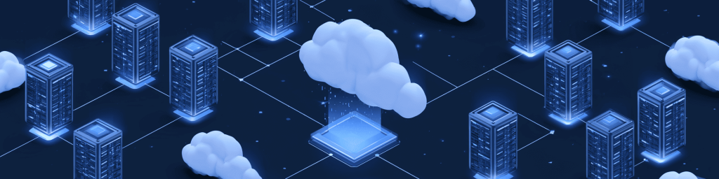 Wide isometric illustration of interconnected glowing server racks, soft cloud icons and data transfer streams on dark blue backdrop, representing cloud storage, hosting and distributed IT infrastructure.