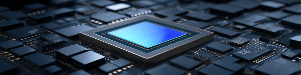 Wide panoramic close-up of a central CPU chip featuring a luminous blue silicon die, seated amid dense small semiconductor parts on a dark printed circuit board for high-performance computing.