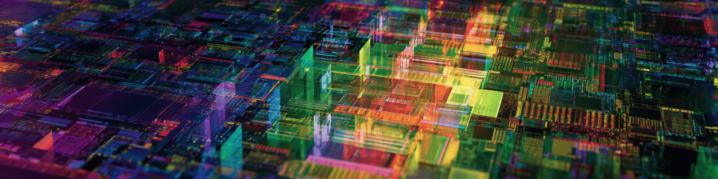 Panoramic overhead close-up of a colorful iridescent silicon wafer covered in dense microcircuit grids, representing advanced semiconductor lithography and microchip manufacturing technology.