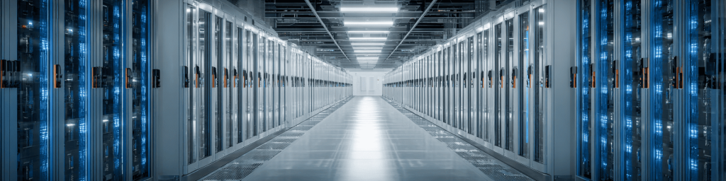 Panoramic symmetrical shot of a sleek enterprise data center aisle lined with glass-door server racks glowing with blue internal lights, showcasing cloud computing and big data infrastructure.