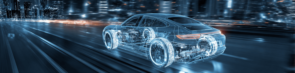Panoramic motion-blur shot of glowing wireframe sports car speeding across illuminated city highway at night, showcasing intelligent EV design and automotive electronic technology.