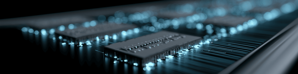 Low-angle panoramic shot of integrated circuit chip on dark circuit board, glowing blue pin lights, blurred row of microchips with bokeh effect.