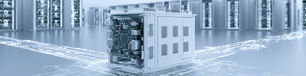 Cool-toned tech banner: open power converter cabinet, glowing circuitry, blurred data center racks.