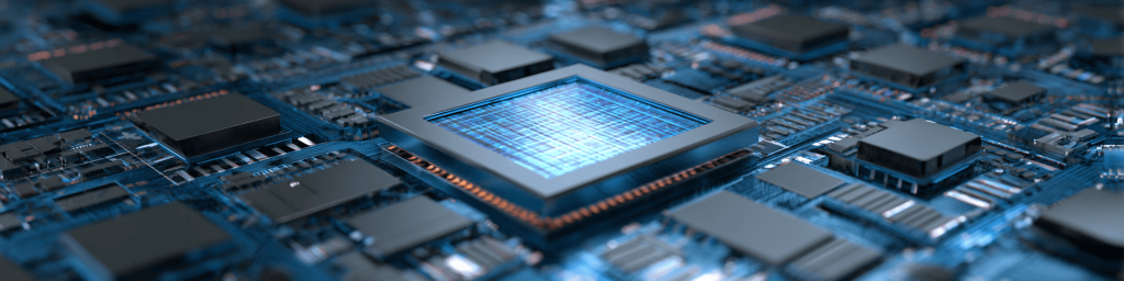 Panoramic macro view of a main processor chip featuring a glowing blue grid silicon die, nestled among multiple compact semiconductor chips on an intricate blue-toned printed circuit board.