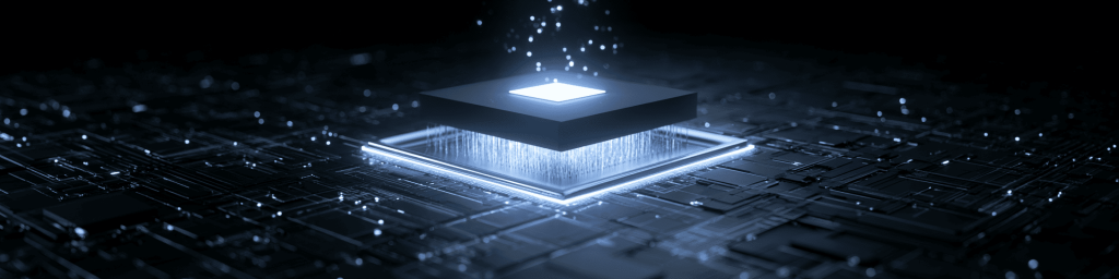 Panoramic dark blue toned tech banner of a suspended glowing central processor with vertical light interconnect pins, set over intricate dark circuit board scattered with tiny glowing data particle bokeh.